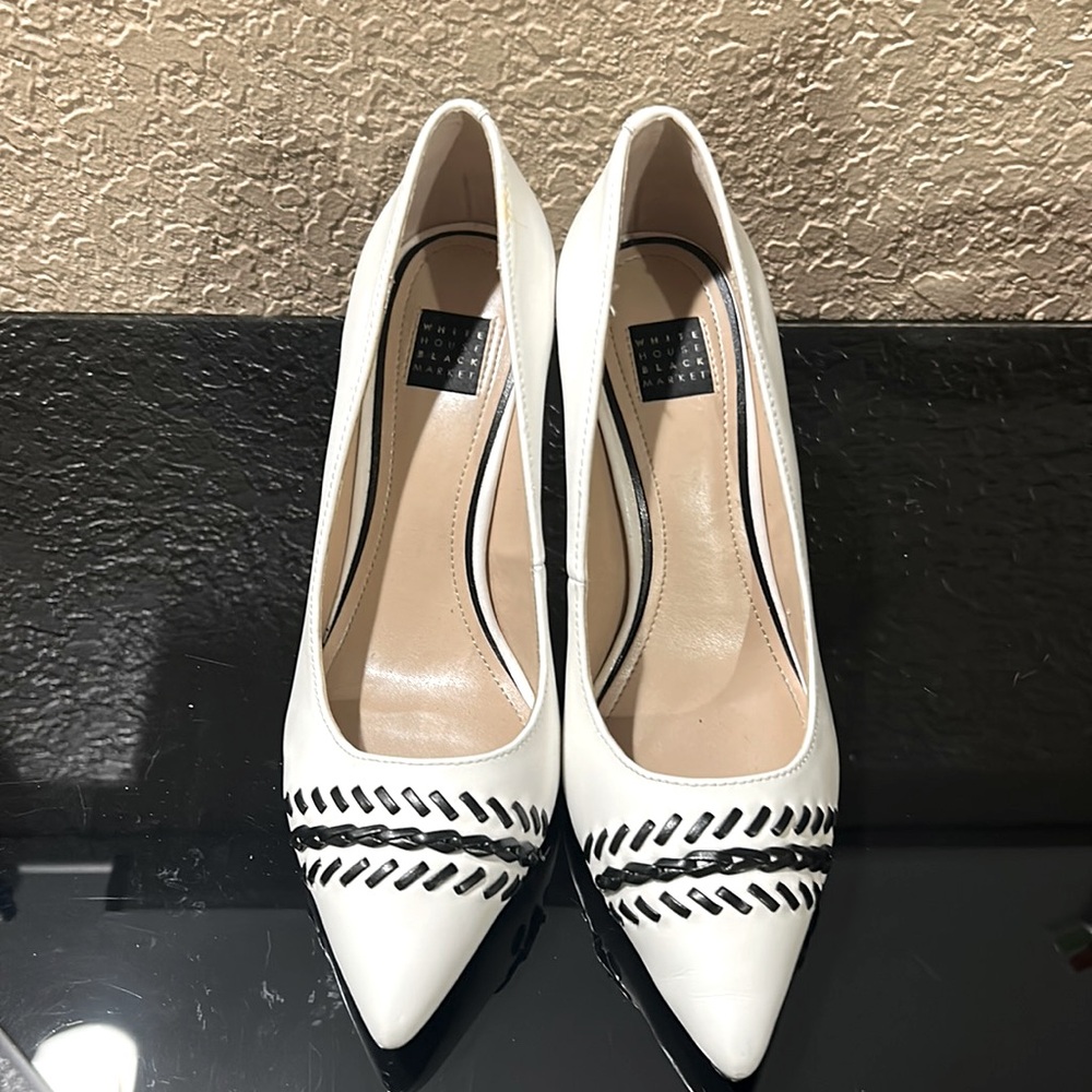 WHBM Classy Olivia Ecru Black 3.5” Leather Heels